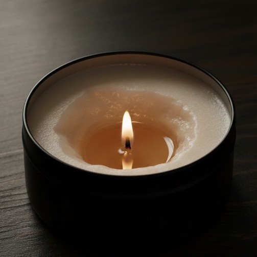 Sojas vaska svece melnā traukā ar izveidojušos tuneli un nenokusušām malām.